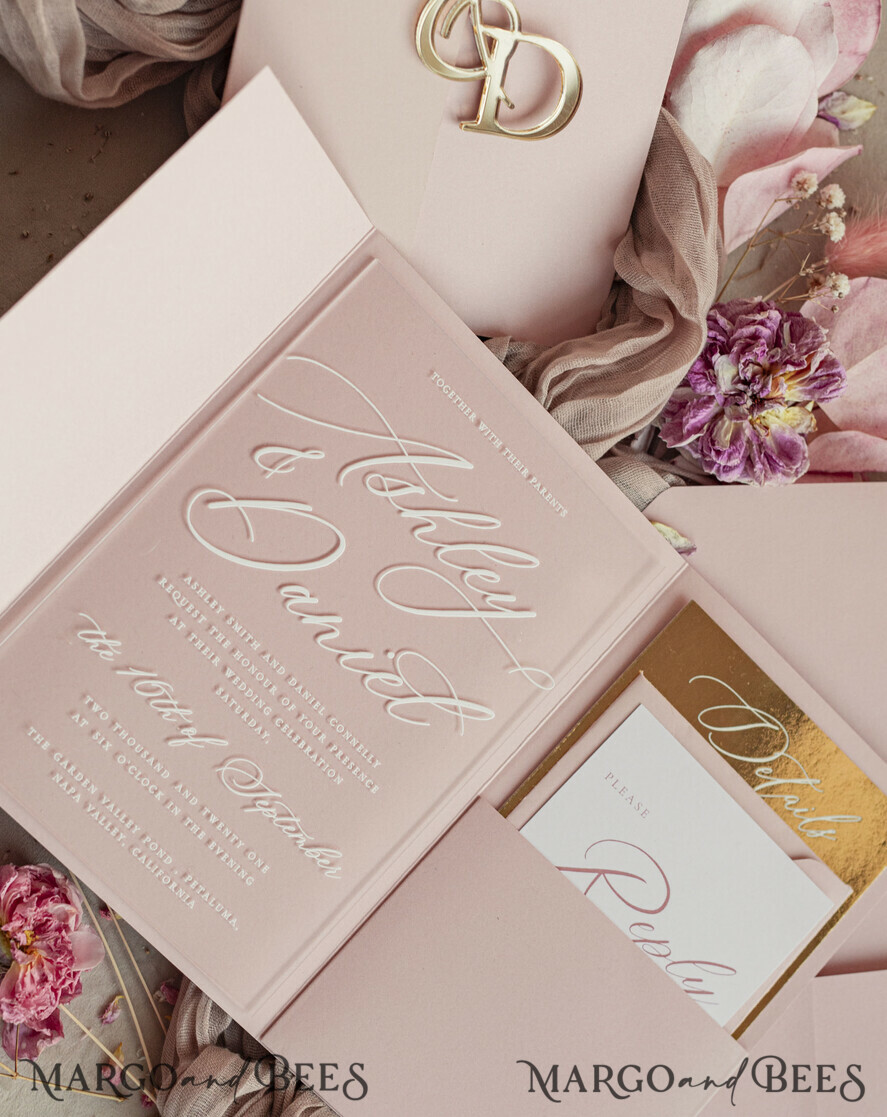 HOCHZEITS EINLADUNGEN Gold / Roségold / Silber / Glitzer Luxus-Spiegelgold-Hochzeitseinladungen, elegante Blush-Pink-Hochzeitskarten, glamouröse Acryl-Hochzeitseinladungen, klare Plexi-Hochzeitseinladungssuite.