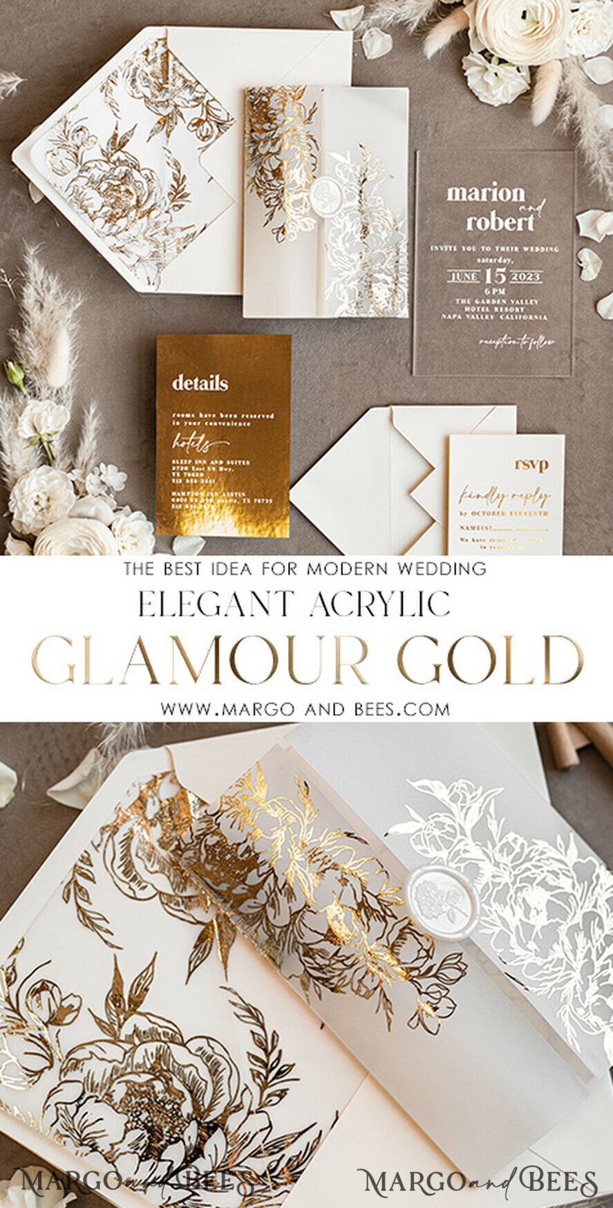 HOCHZEITS EINLADUNGEN Gold / Roségold / Silber / Glitzer Acryl-Hochzeitseinladungen-Set, Glamour-Hochzeitseinladungen, Goldener Glanz Hochzeitseinladungs-Set, Luxuriöse goldene Hochzeitseinladungen