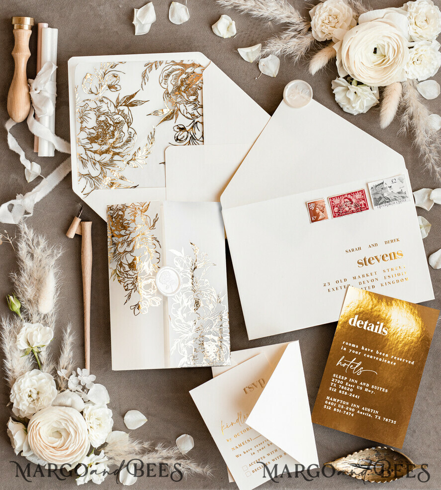 HOCHZEITS EINLADUNGEN Gold / Roségold / Silber / Glitzer Acryl-Hochzeitseinladungen-Set, Glamour-Hochzeitseinladungen, Goldener Glanz Hochzeitseinladungs-Set, Luxuriöse goldene Hochzeitseinladungen