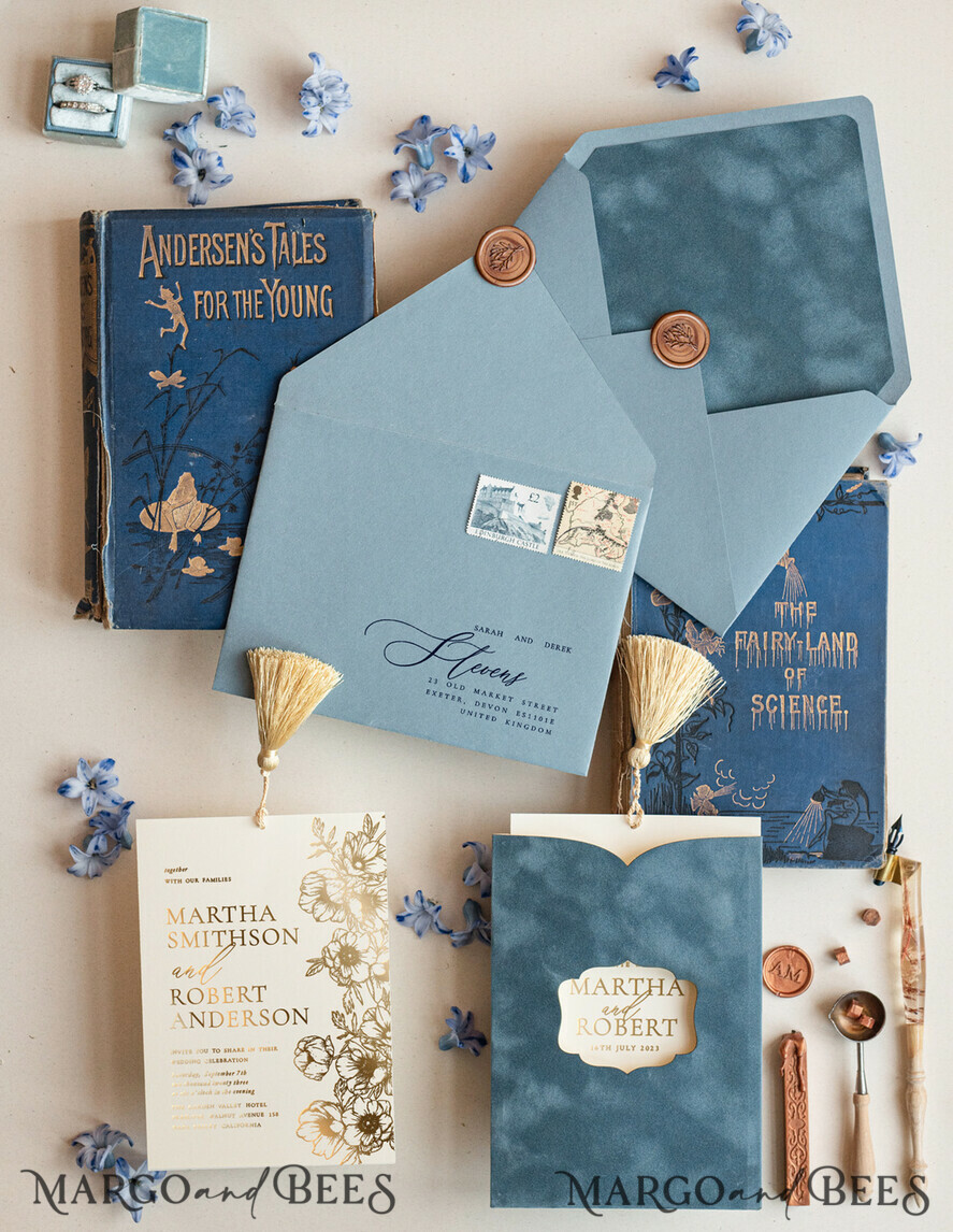 HOCHZEITS EINLADUNGEN Gold / Roségold / Silber / Glitzer Luxus-Hochzeitskarten, romantische staubblaue Samt-Hochzeitskarten, luxuriöse goldene Folien-Hochzeitskarten, goldene Quasten-Hochzeitskarten.