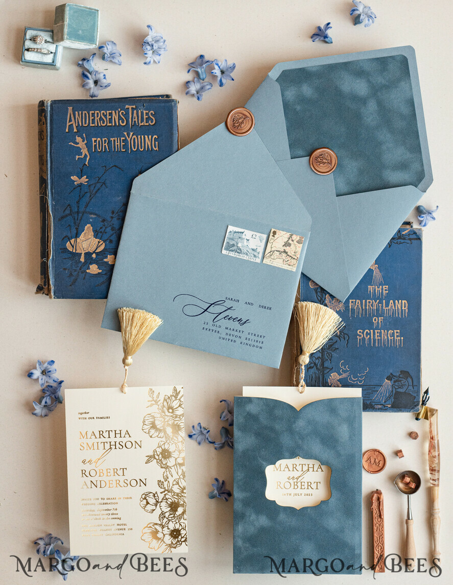 HOCHZEITS EINLADUNGEN Gold / Roségold / Silber / Glitzer Luxus-Hochzeitskarten, romantische staubblaue Samt-Hochzeitskarten, luxuriöse goldene Folien-Hochzeitskarten, goldene Quasten-Hochzeitskarten.
