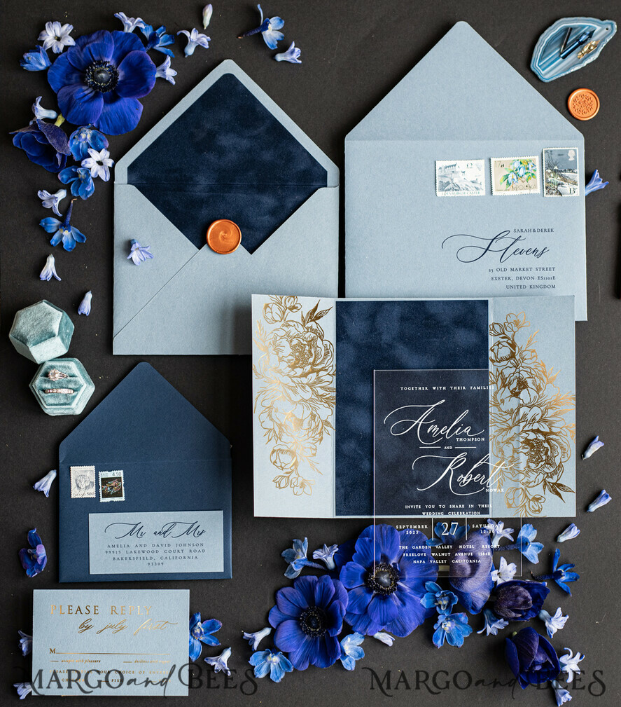 HOCHZEITS EINLADUNGEN Gold / Roségold / Silber / Glitzer Maßgeschneiderte Acryl-Eisblaue Hochzeitseinladung, Glamour-Velours-Himmelblaue Hochzeitseinladungen, Goldschimmer Plexi Hochzeitseinladungsset, Luxus-Hochzeitskarten mit Wachssiegel in Kupfer.
