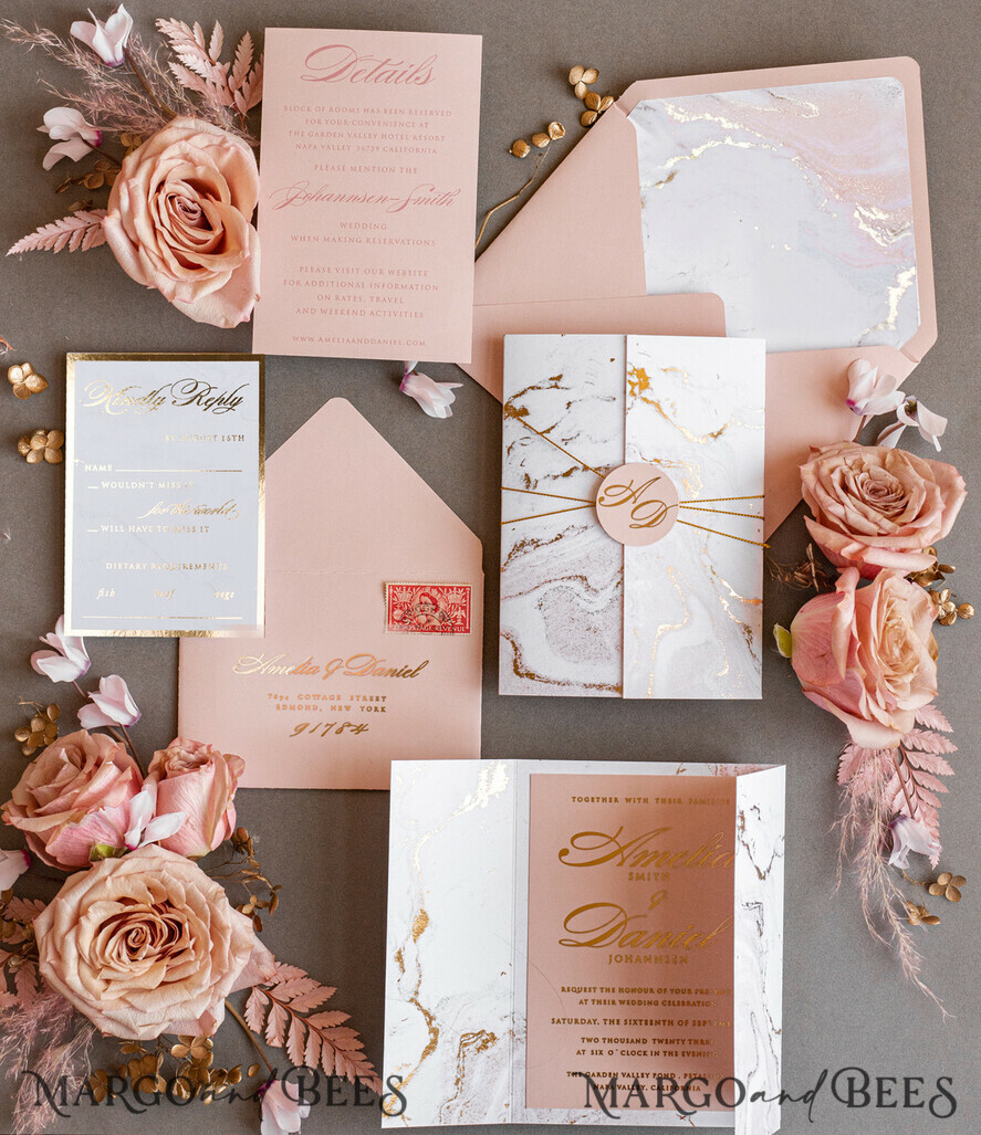 HOCHZEITS EINLADUNGEN Gold / Roségold / Silber / Glitzer Personalisierte Marmor-Hochzeitseinladungen, Luxuriöse Goldfolien-Hochzeitseinladungen, Blush Pink Marmor Glamour Hochzeitseinladung Suite, Luxuriöse Hochzeitseinladungen in Blush Pink Marmor
