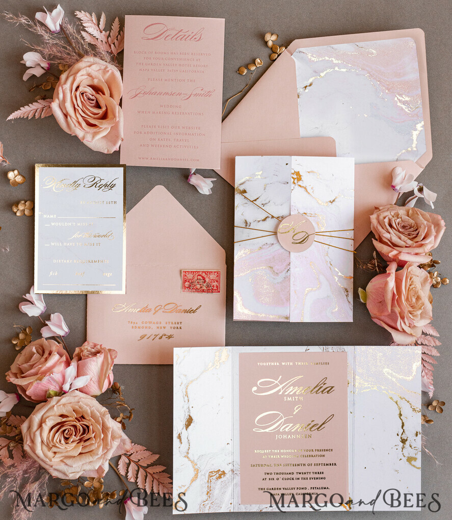 HOCHZEITS EINLADUNGEN Gold / Roségold / Silber / Glitzer Personalisierte Marmor-Hochzeitseinladungen, Luxuriöse Goldfolien-Hochzeitseinladungen, Blush Pink Marmor Glamour Hochzeitseinladung Suite, Luxuriöse Hochzeitseinladungen in Blush Pink Marmor