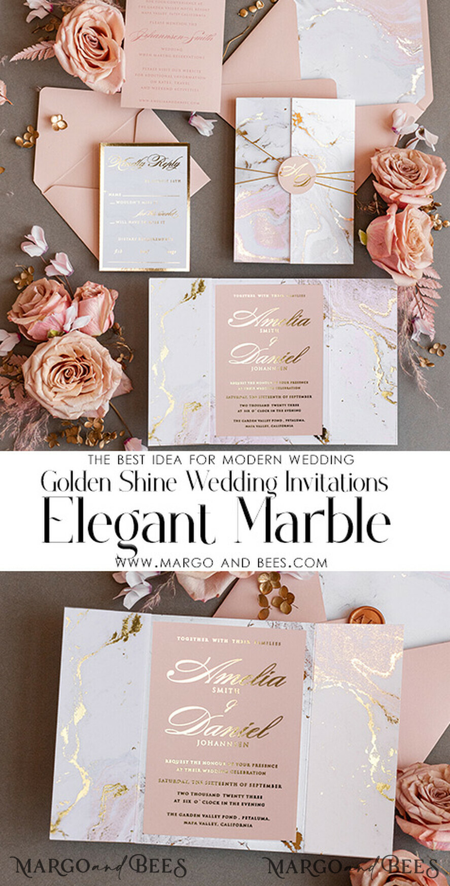 HOCHZEITS EINLADUNGEN Gold / Roségold / Silber / Glitzer Personalisierte Marmor-Hochzeitseinladungen, Luxuriöse Goldfolien-Hochzeitseinladungen, Blush Pink Marmor Glamour Hochzeitseinladung Suite, Luxuriöse Hochzeitseinladungen in Blush Pink Marmor