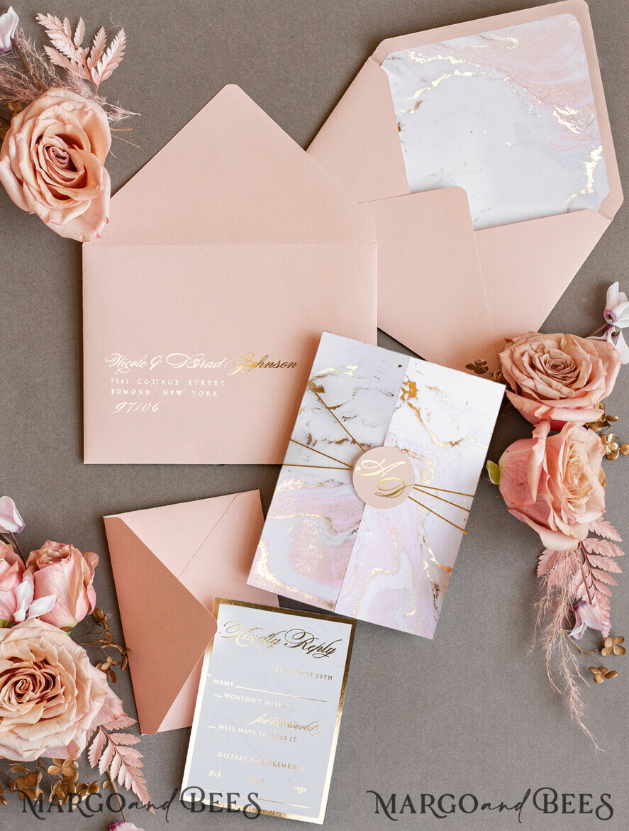 HOCHZEITS EINLADUNGEN Gold / Roségold / Silber / Glitzer Personalisierte Marmor-Hochzeitseinladungen, Luxuriöse Goldfolien-Hochzeitseinladungen, Blush Pink Marmor Glamour Hochzeitseinladung Suite, Luxuriöse Hochzeitseinladungen in Blush Pink Marmor