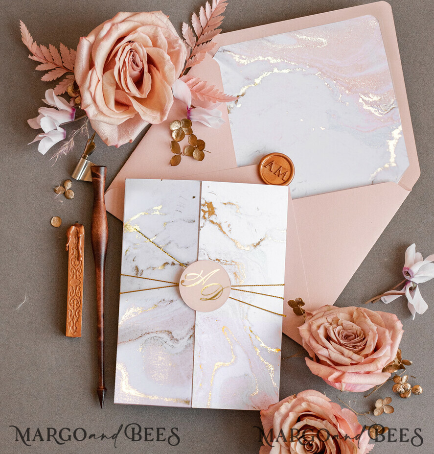 HOCHZEITS EINLADUNGEN Gold / Roségold / Silber / Glitzer Personalisierte Marmor-Hochzeitseinladungen, Luxuriöse Goldfolien-Hochzeitseinladungen, Blush Pink Marmor Glamour Hochzeitseinladung Suite, Luxuriöse Hochzeitseinladungen in Blush Pink Marmor