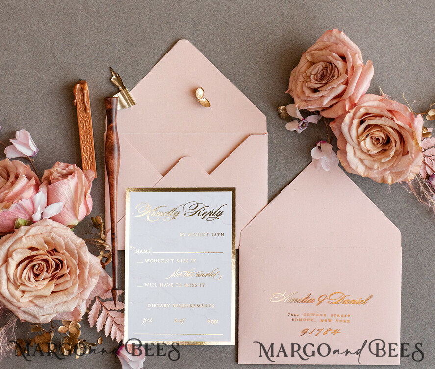 HOCHZEITS EINLADUNGEN Gold / Roségold / Silber / Glitzer Personalisierte Marmor-Hochzeitseinladungen, Luxuriöse Goldfolien-Hochzeitseinladungen, Blush Pink Marmor Glamour Hochzeitseinladung Suite, Luxuriöse Hochzeitseinladungen in Blush Pink Marmor