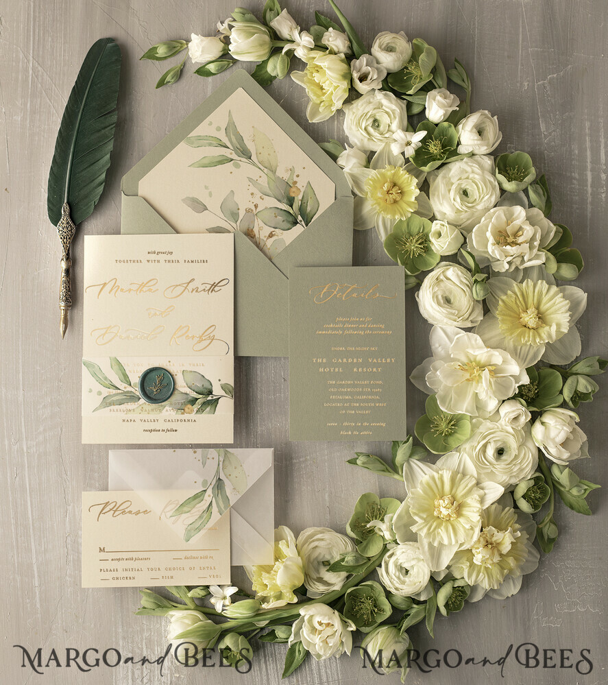 HOCHZEITS EINLADUNGEN Gold / Roségold / Silber / Glitzer Elegante grüne Gold-Hochzeitseinladungen, luxuriöse Einladungskarten für Hochzeiten im Ausland, maßgeschneiderte Oliven-Hochzeitseinladungen, romantisches Griechenland-Hochzeitseinladungspaket.