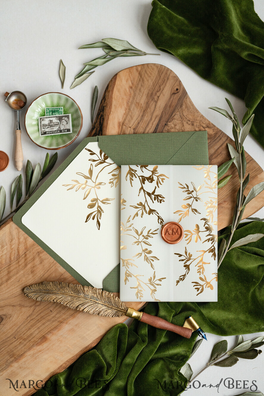 HOCHZEITS EINLADUNGEN Gold / Roségold / Silber / Glitzer Griechenland Olivenzweig Hochzeitsinvitation, Acryl olivgrüne Hochzeitskarten, Goldene Hochzeitseinladungen