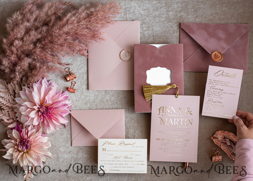 HOCHZEITS EINLADUNGEN Gold / Roségold / Silber / Glitzer Glamour-Pink Velvet-Hochzeitskarten, luxuriöse goldene Quaste Hochzeitsinvitation Suite, romantische Blush-Pink arabische Hochzeitskarten, elegante goldene Glanz-Hochzeitseinladungen.