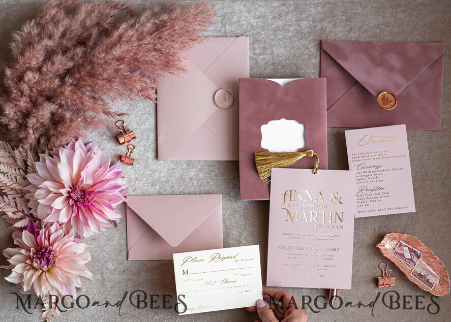 HOCHZEITS EINLADUNGEN Gold / Roségold / Silber / Glitzer Glamour-Pink Velvet-Hochzeitskarten, luxuriöse goldene Quaste Hochzeitsinvitation Suite, romantische Blush-Pink arabische Hochzeitskarten, elegante goldene Glanz-Hochzeitseinladungen.