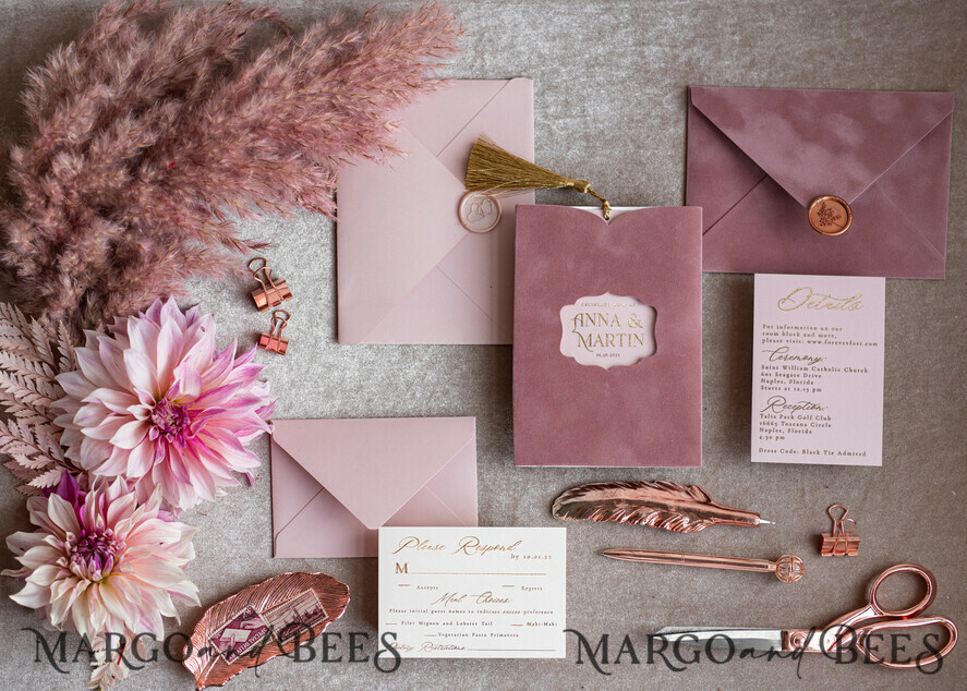 HOCHZEITS EINLADUNGEN Gold / Roségold / Silber / Glitzer Glamour-Pink Velvet-Hochzeitskarten, luxuriöse goldene Quaste Hochzeitsinvitation Suite, romantische Blush-Pink arabische Hochzeitskarten, elegante goldene Glanz-Hochzeitseinladungen.