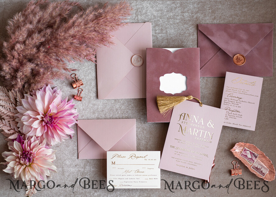 HOCHZEITS EINLADUNGEN Gold / Roségold / Silber / Glitzer Glamour-Pink Velvet-Hochzeitskarten, luxuriöse goldene Quaste Hochzeitsinvitation Suite, romantische Blush-Pink arabische Hochzeitskarten, elegante goldene Glanz-Hochzeitseinladungen.