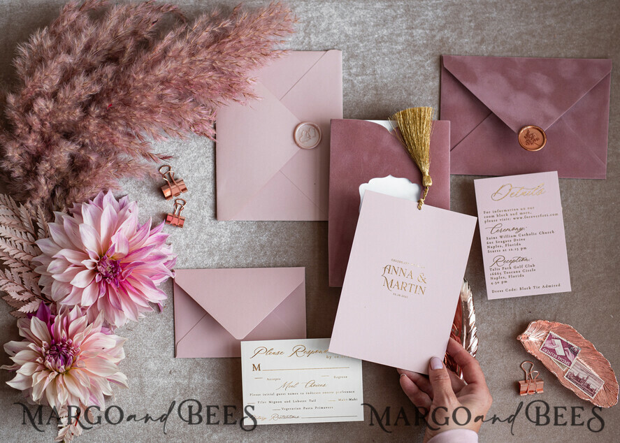 HOCHZEITS EINLADUNGEN Gold / Roségold / Silber / Glitzer Glamour-Pink Velvet-Hochzeitskarten, luxuriöse goldene Quaste Hochzeitsinvitation Suite, romantische Blush-Pink arabische Hochzeitskarten, elegante goldene Glanz-Hochzeitseinladungen.