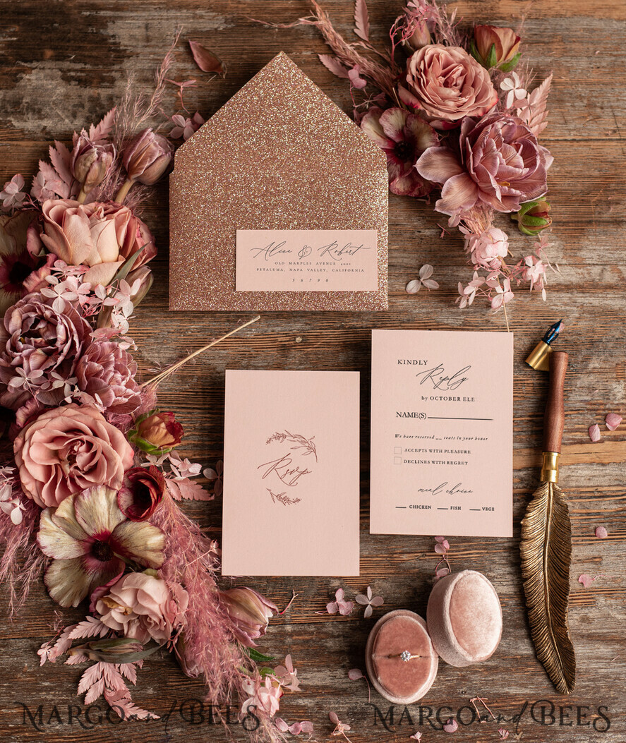 HOCHZEITS EINLADUNGEN Gold / Roségold / Silber / Glitzer Rose Gold Hochzeitskarten UK, Luxus Glitzer Hochzeitskarten • Glamour Hochzeitskarten Suite • Bluh Pink Luxus Hochzeitskarten