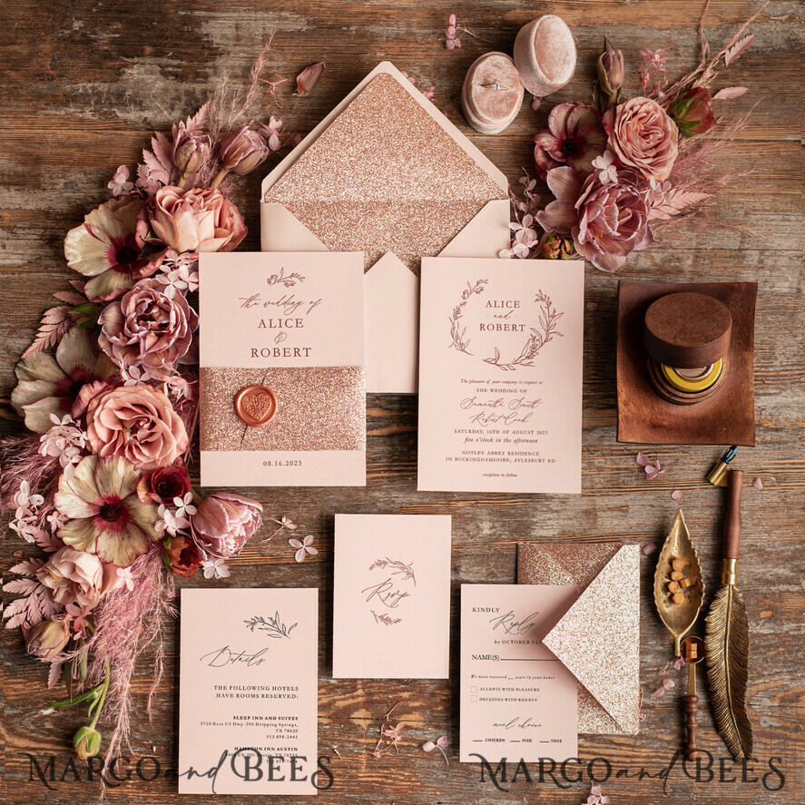 HOCHZEITS EINLADUNGEN Gold / Roségold / Silber / Glitzer Rose Gold Hochzeitskarten UK, Luxus Glitzer Hochzeitskarten • Glamour Hochzeitskarten Suite • Bluh Pink Luxus Hochzeitskarten