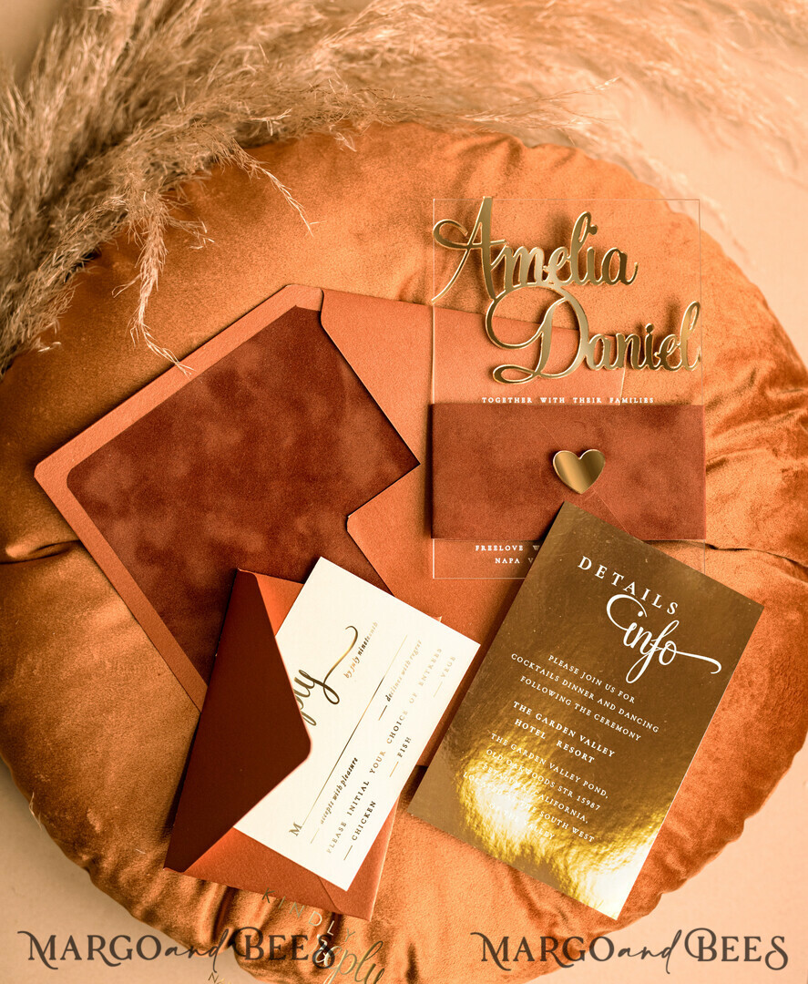 HOCHZEITS EINLADUNGEN Gold / Roségold / Silber / Glitzer Maßgeschneidertes Acrylgold-Hochzeitseinladungset, Luxus-Velours-Hochzeitseinladungen Terrakotta Gold, Glamour-Hochzeitseinladungssuite, 3D-Goldspiegel-Herbstkupfer-Einladungen, Hochzeitskarten