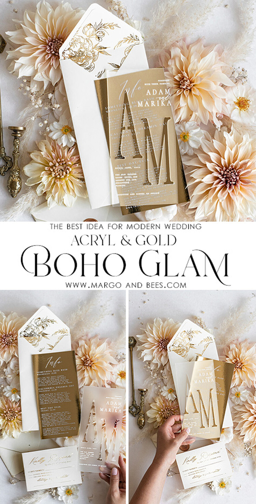 HOCHZEITS EINLADUNGEN Gold / Roségold / Silber / Glitzer Acryl Gefrorene Hochzeits Einladungssuite, Boho Glam Hochzeitskarten, Goldener Glanz Hochzeits Einladungen, Elegante Gold Hochzeitskarten