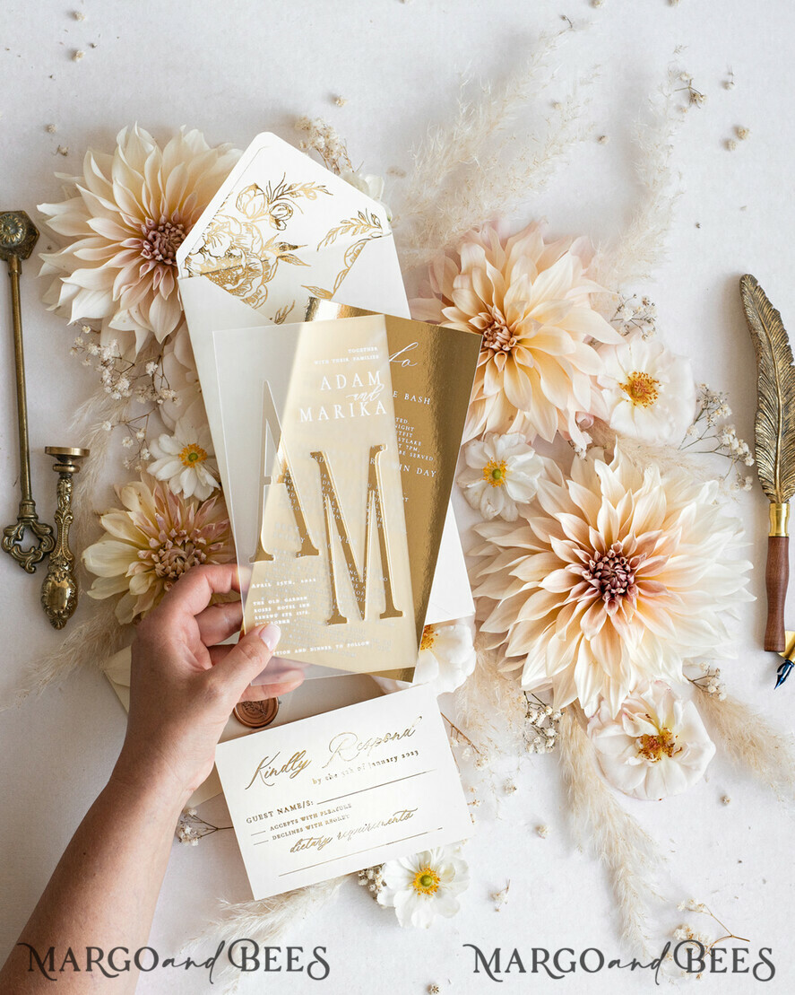 HOCHZEITS EINLADUNGEN Gold / Roségold / Silber / Glitzer Acryl Gefrorene Hochzeits Einladungssuite, Boho Glam Hochzeitskarten, Goldener Glanz Hochzeits Einladungen, Elegante Gold Hochzeitskarten