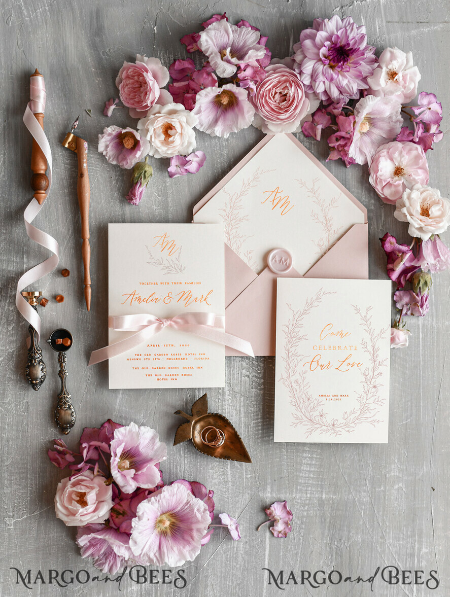 HOCHZEITS EINLADUNGEN Gold / Roségold / Silber / Glitzer Minimalistische blush-rosa Hochzeitskarten, glamouröse goldene Folien-Hochzeitskarten, luxuriöse goldene Hochzeitskarten mit Glanz, romantisches florales Hochzeitsladungset.