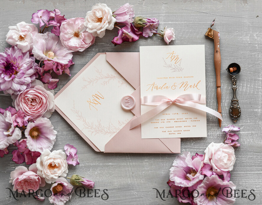 HOCHZEITS EINLADUNGEN Gold / Roségold / Silber / Glitzer Minimalistische blush-rosa Hochzeitskarten, glamouröse goldene Folien-Hochzeitskarten, luxuriöse goldene Hochzeitskarten mit Glanz, romantisches florales Hochzeitsladungset.