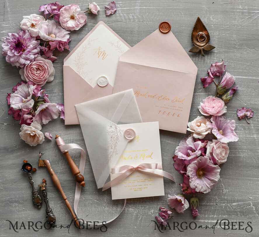 HOCHZEITS EINLADUNGEN Gold / Roségold / Silber / Glitzer Minimalistische blush-rosa Hochzeitskarten, glamouröse goldene Folien-Hochzeitskarten, luxuriöse goldene Hochzeitskarten mit Glanz, romantisches florales Hochzeitsladungset.