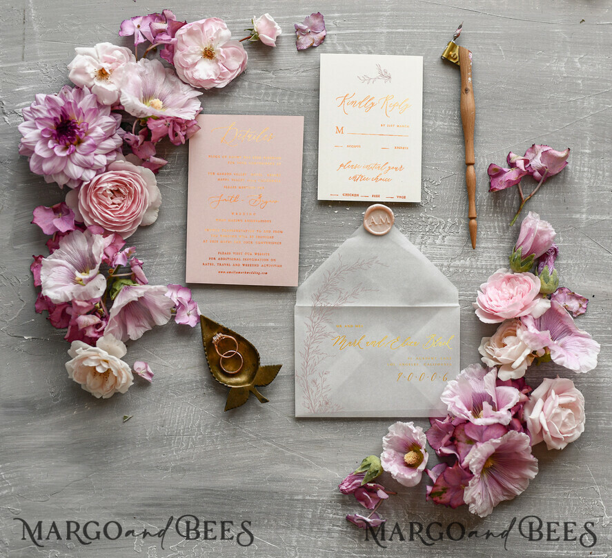 HOCHZEITS EINLADUNGEN Gold / Roségold / Silber / Glitzer Minimalistische blush-rosa Hochzeitskarten, glamouröse goldene Folien-Hochzeitskarten, luxuriöse goldene Hochzeitskarten mit Glanz, romantisches florales Hochzeitsladungset.