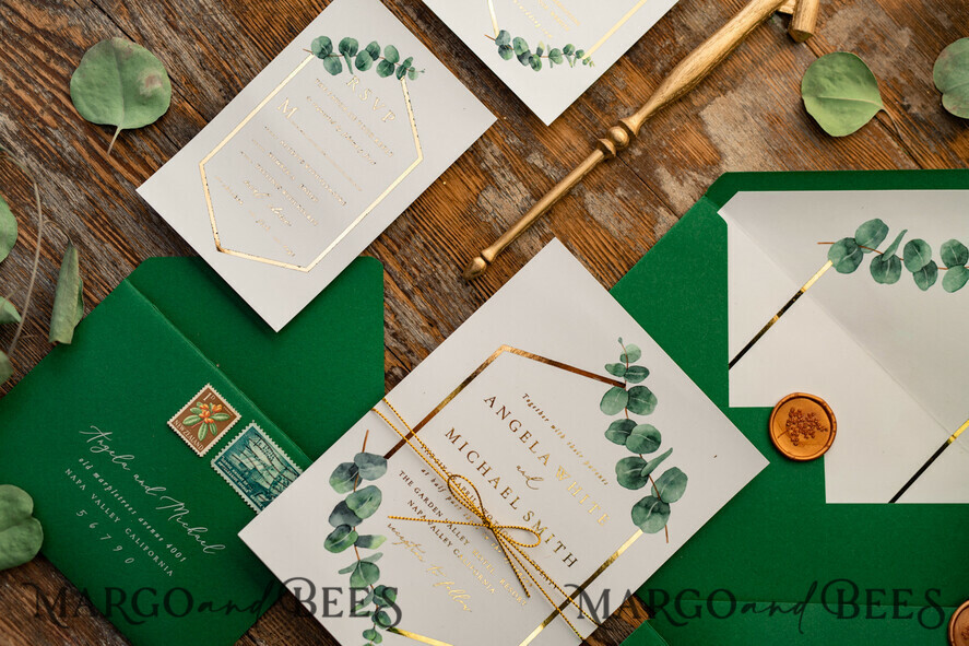 HOCHZEITS EINLADUNGEN Gold / Roségold / Silber / Glitzer Elegante Eukalyptus-Hochzeitseinladungen, glamouröse goldene Hochzeitskarten, maßgeschneiderte Grünpflanzen-Gold-Hochzeitseinladungen, minimalistische Hochzeitseinladungssuite.