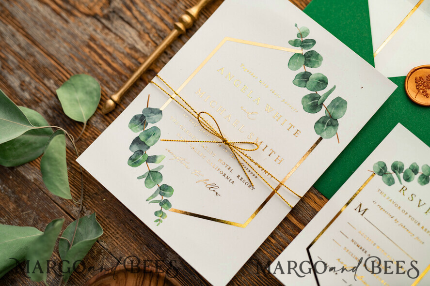 HOCHZEITS EINLADUNGEN Gold / Roségold / Silber / Glitzer Elegante Eukalyptus-Hochzeitseinladungen, glamouröse goldene Hochzeitskarten, maßgeschneiderte Grünpflanzen-Gold-Hochzeitseinladungen, minimalistische Hochzeitseinladungssuite.