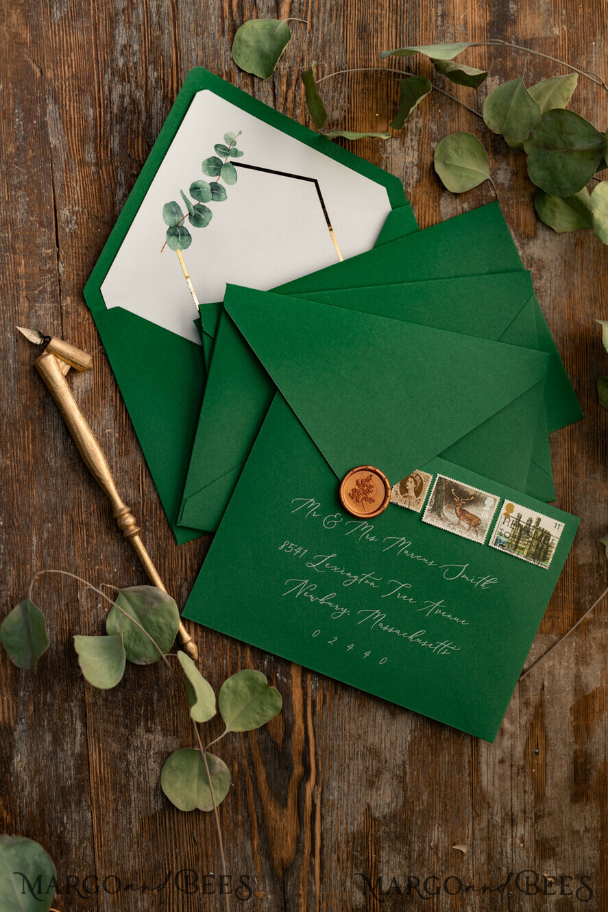 HOCHZEITS EINLADUNGEN Gold / Roségold / Silber / Glitzer Elegante Eukalyptus-Hochzeitseinladungen, glamouröse goldene Hochzeitskarten, maßgeschneiderte Grünpflanzen-Gold-Hochzeitseinladungen, minimalistische Hochzeitseinladungssuite.
