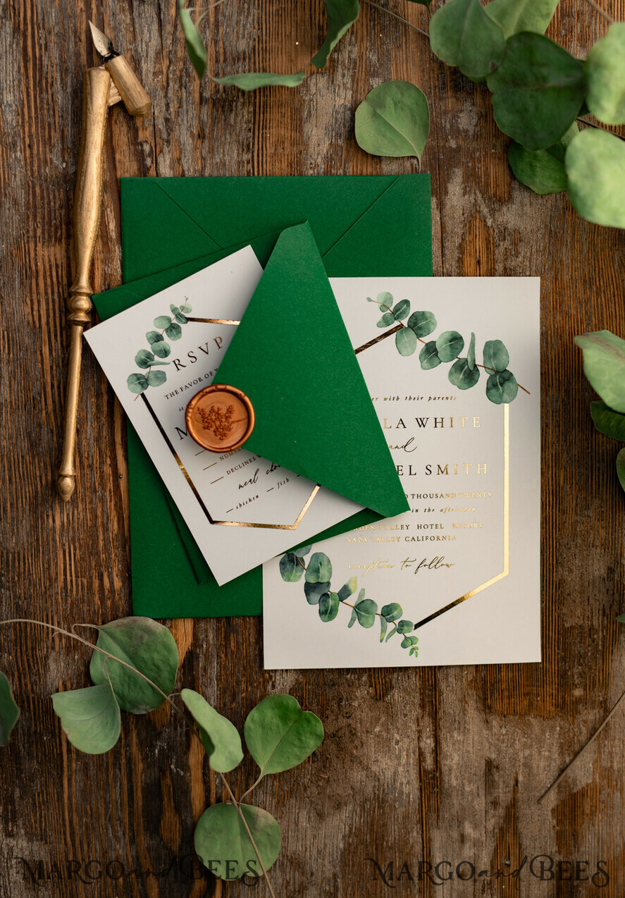 HOCHZEITS EINLADUNGEN Gold / Roségold / Silber / Glitzer Elegante Eukalyptus-Hochzeitseinladungen, glamouröse goldene Hochzeitskarten, maßgeschneiderte Grünpflanzen-Gold-Hochzeitseinladungen, minimalistische Hochzeitseinladungssuite.