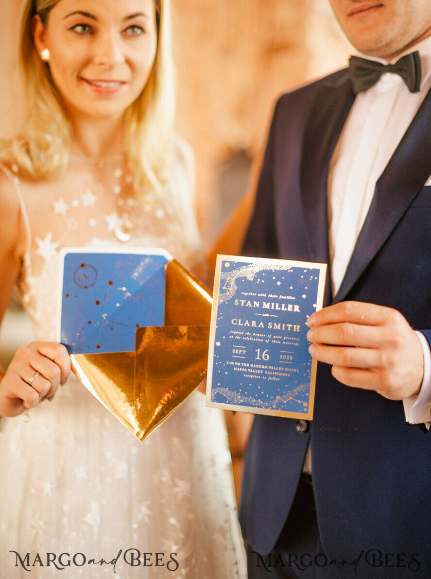 HOCHZEITS EINLADUNGEN Gold / Roségold / Silber / Glitzer Luxus Goldener Glanz Hochzeiteinladungen, königliche marineblaue Hochzeitskarten, Glamour Goldfolie Hochzeitskarten, elegant, maßgeschneiderte Galaxy Hochzeits Einladungssuite