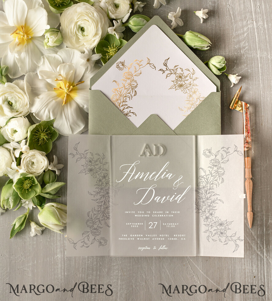 HOCHZEITS EINLADUNGEN Gold / Roségold / Silber / Glitzer Maßgeschneiderte Salbeigrüne Acrylhochzeitskarten, Glamour Gold Hochzeitskarten • Goldene Wachssiegel Hochzeitskartensuite • Luxus Hochzeitskarten Salbeigrün Gold