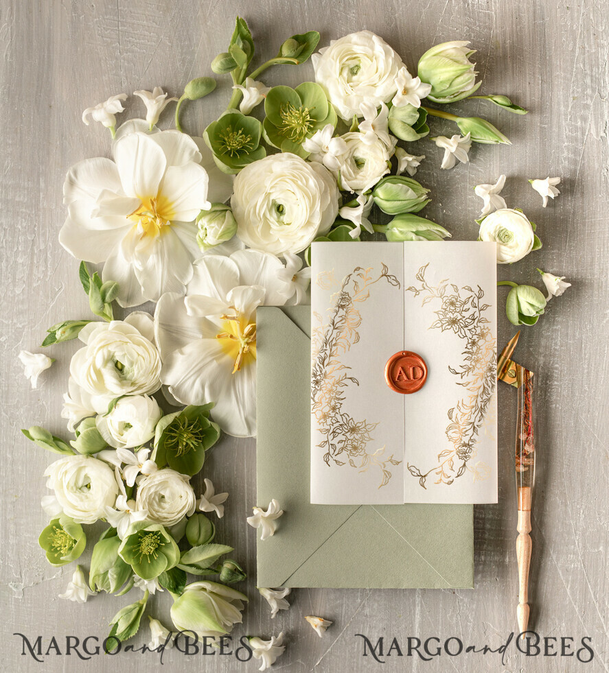 HOCHZEITS EINLADUNGEN Gold / Roségold / Silber / Glitzer Maßgeschneiderte Salbeigrüne Acrylhochzeitskarten, Glamour Gold Hochzeitskarten • Goldene Wachssiegel Hochzeitskartensuite • Luxus Hochzeitskarten Salbeigrün Gold