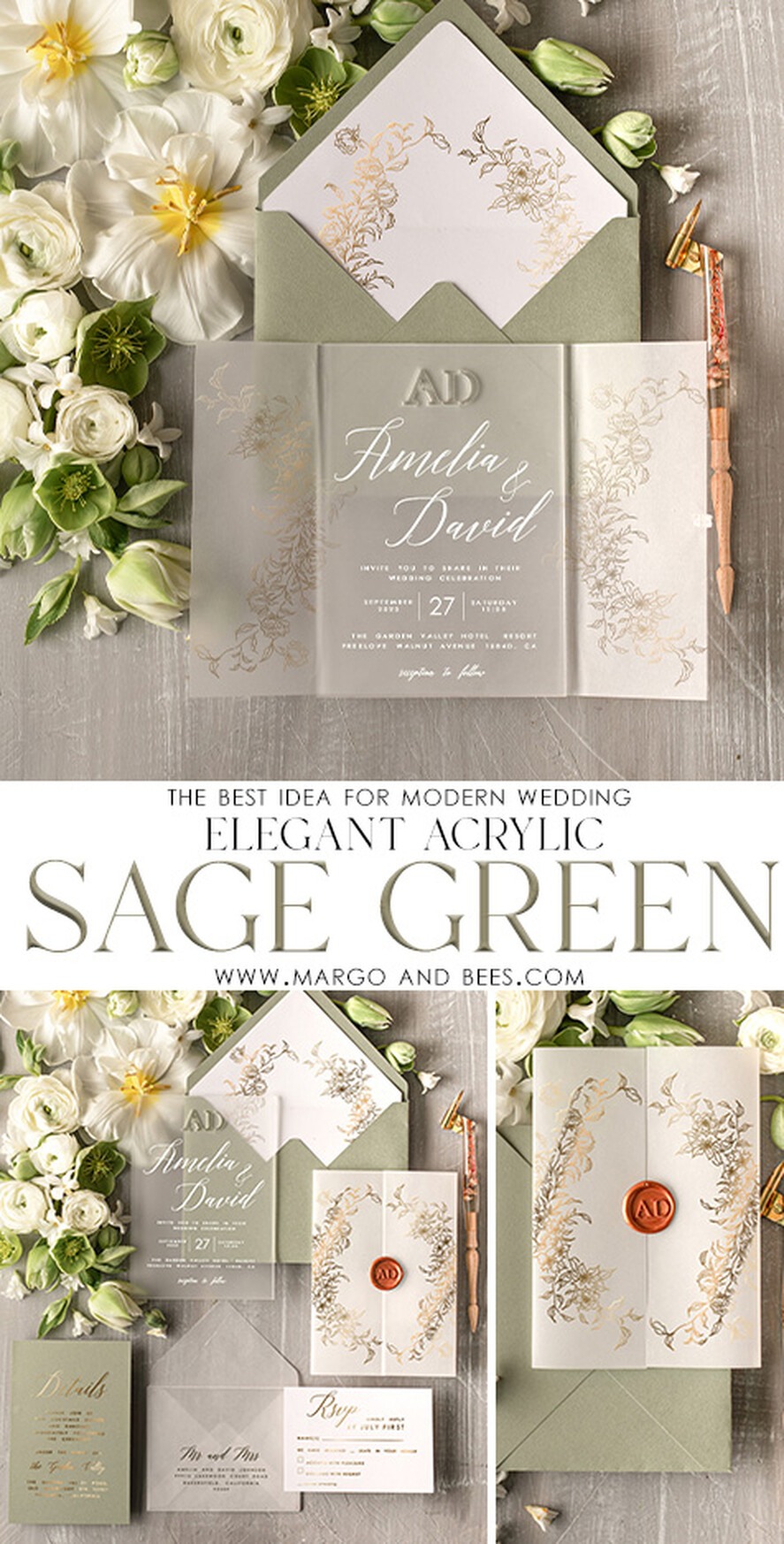 HOCHZEITS EINLADUNGEN Gold / Roségold / Silber / Glitzer Maßgeschneiderte Salbeigrüne Acrylhochzeitskarten, Glamour Gold Hochzeitskarten • Goldene Wachssiegel Hochzeitskartensuite • Luxus Hochzeitskarten Salbeigrün Gold