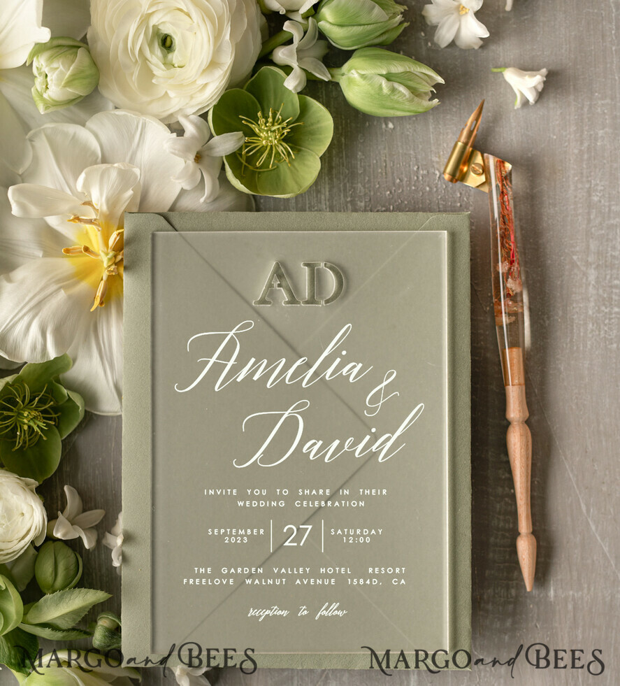HOCHZEITS EINLADUNGEN Gold / Roségold / Silber / Glitzer Maßgeschneiderte Salbeigrüne Acrylhochzeitskarten, Glamour Gold Hochzeitskarten • Goldene Wachssiegel Hochzeitskartensuite • Luxus Hochzeitskarten Salbeigrün Gold