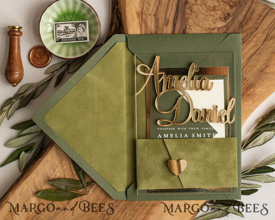HOCHZEITS EINLADUNGEN Gold / Roségold / Silber / Glitzer Handgemachte Hochzeitseinladung, Glamour Acryl Hochzeitseinladungen, olivgrünes Samt Hochzeitseinladungsset • Luxuriöse Hochzeitseinladungen