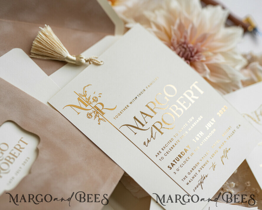 HOCHZEITS EINLADUNGEN Gold / Roségold / Silber / Glitzer Maßgeschneiderte Hochzeitskarten aus Samt mit Cremetasche, elegante goldene Quaste Hochzeitskarten, goldene Hochzeitsladung, Luxus-Hochzeitskarten