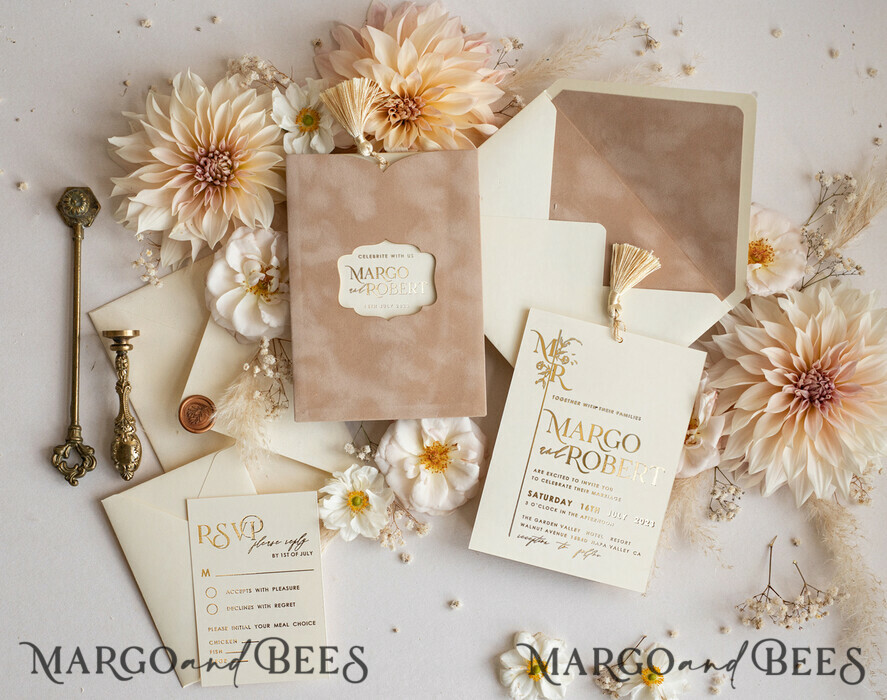 HOCHZEITS EINLADUNGEN Gold / Roségold / Silber / Glitzer Maßgeschneiderte Hochzeitskarten aus Samt mit Cremetasche, elegante goldene Quaste Hochzeitskarten, goldene Hochzeitsladung, Luxus-Hochzeitskarten