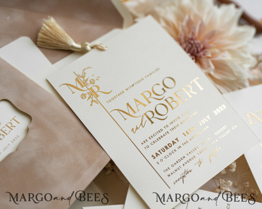 HOCHZEITS EINLADUNGEN Gold / Roségold / Silber / Glitzer Maßgeschneiderte Hochzeitskarten aus Samt mit Cremetasche, elegante goldene Quaste Hochzeitskarten, goldene Hochzeitsladung, Luxus-Hochzeitskarten