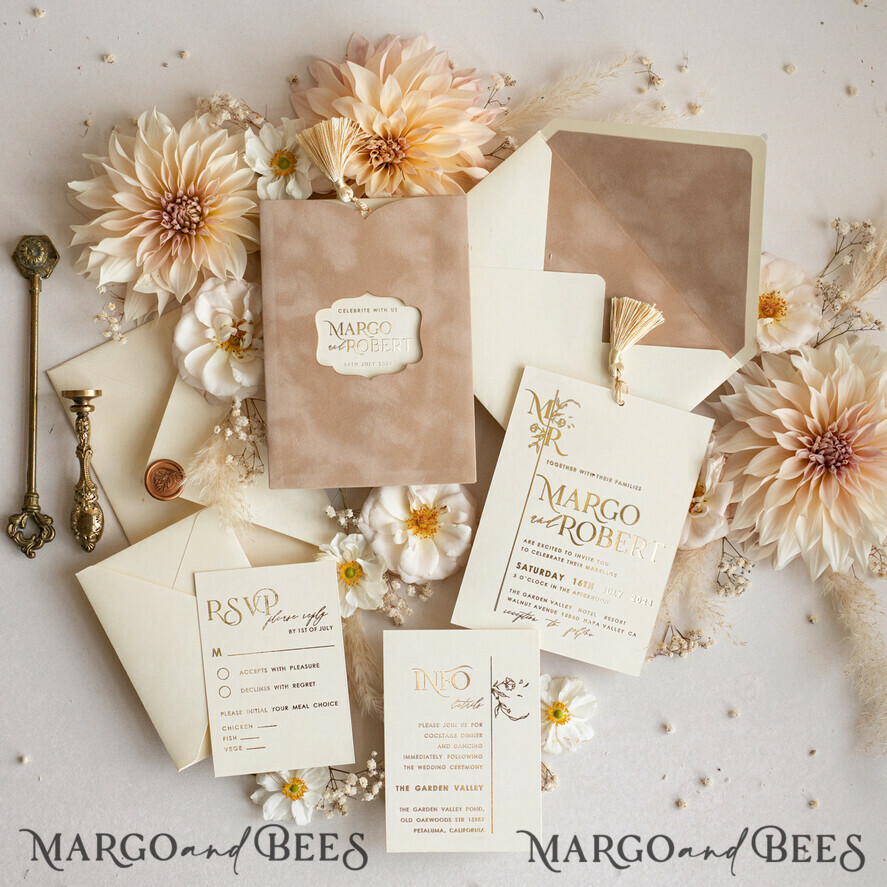HOCHZEITS EINLADUNGEN Gold / Roségold / Silber / Glitzer Maßgeschneiderte Hochzeitskarten aus Samt mit Cremetasche, elegante goldene Quaste Hochzeitskarten, goldene Hochzeitsladung, Luxus-Hochzeitskarten