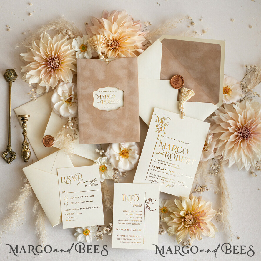 HOCHZEITS EINLADUNGEN Gold / Roségold / Silber / Glitzer Maßgeschneiderte Hochzeitskarten aus Samt mit Cremetasche, elegante goldene Quaste Hochzeitskarten, goldene Hochzeitsladung, Luxus-Hochzeitskarten