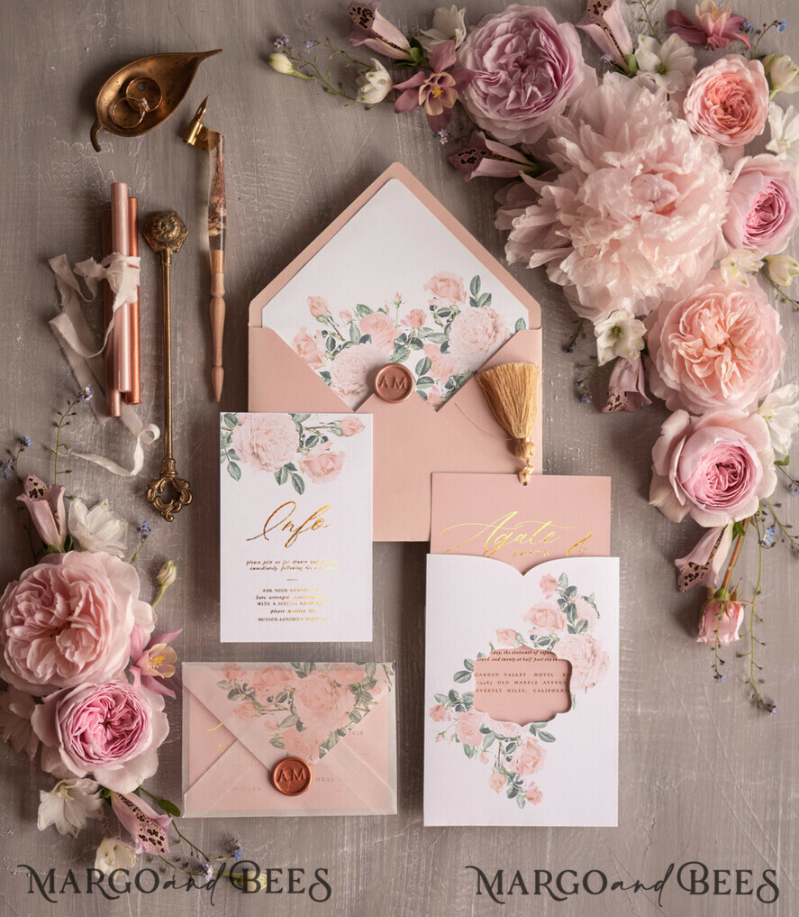 HOCHZEITS EINLADUNGEN Gold / Roségold / Silber / Glitzer Glamour Golden Shine Hochzeitseinladungsset, romantische blassrosa Hochzeitseinladungen, luxuriöse arabische Hochzeitskarten mit goldenen Quasten, elegante florale Hochzeitseinladungen.