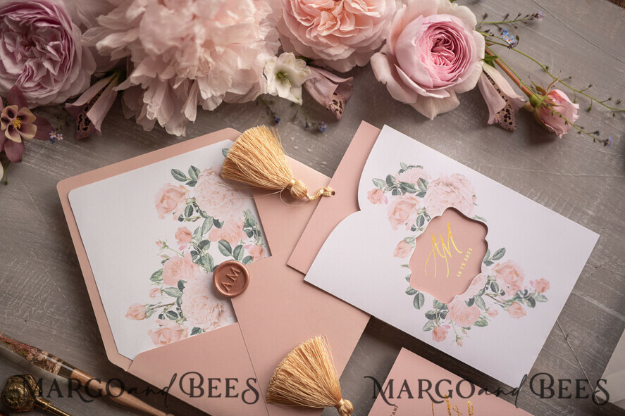 HOCHZEITS EINLADUNGEN Gold / Roségold / Silber / Glitzer Glamour Golden Shine Hochzeitseinladungsset, romantische blassrosa Hochzeitseinladungen, luxuriöse arabische Hochzeitskarten mit goldenen Quasten, elegante florale Hochzeitseinladungen.