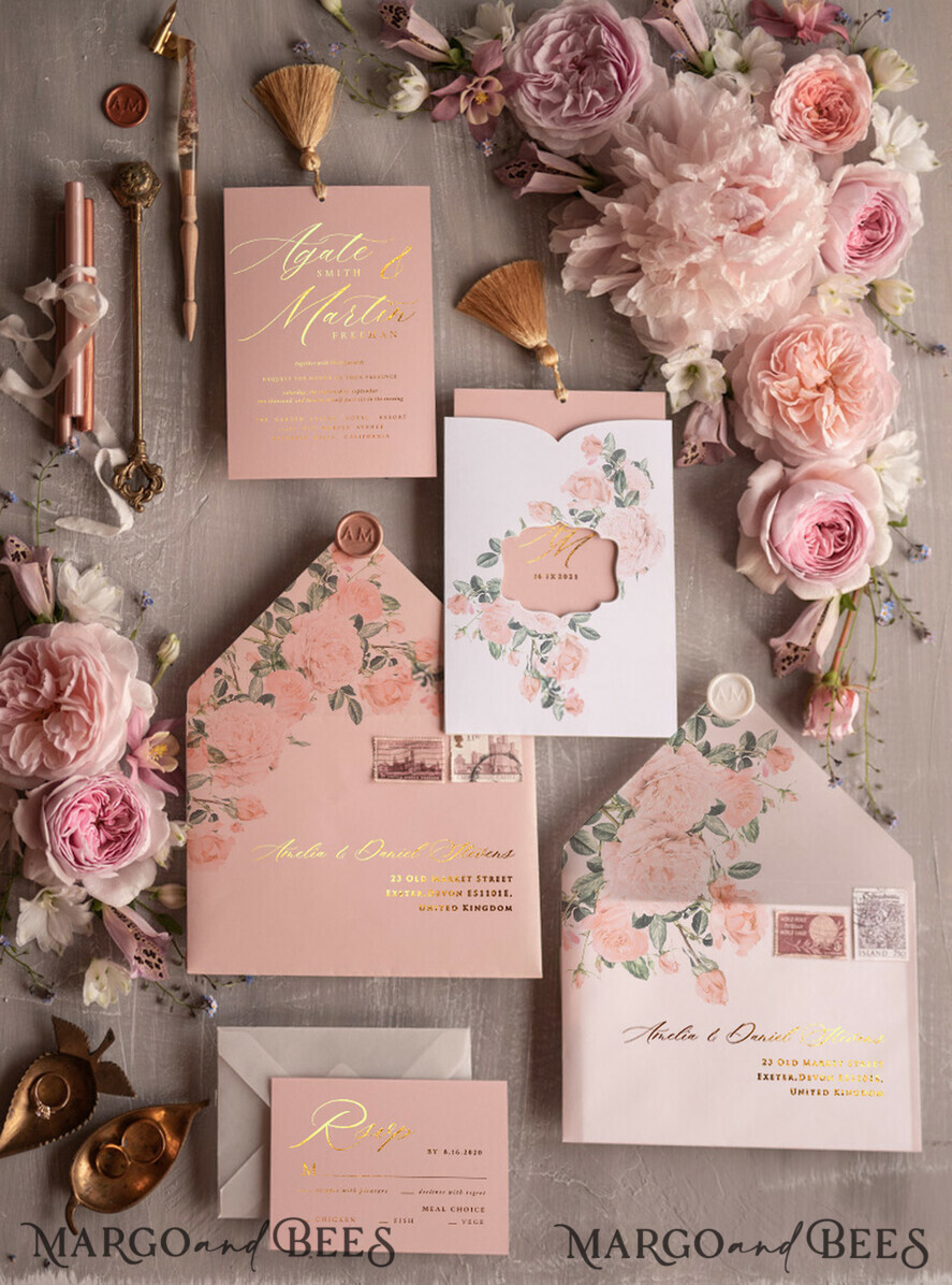 HOCHZEITS EINLADUNGEN Gold / Roségold / Silber / Glitzer Glamour Golden Shine Hochzeitseinladungsset, romantische blassrosa Hochzeitseinladungen, luxuriöse arabische Hochzeitskarten mit goldenen Quasten, elegante florale Hochzeitseinladungen.