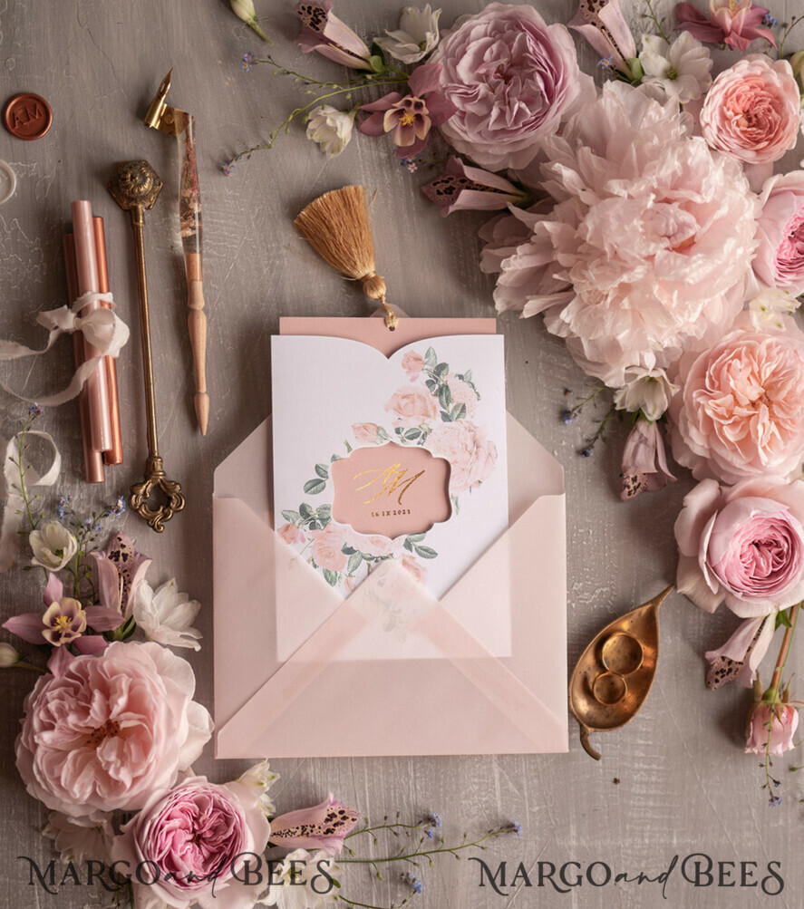 HOCHZEITS EINLADUNGEN Gold / Roségold / Silber / Glitzer Glamour Golden Shine Hochzeitseinladungsset, romantische blassrosa Hochzeitseinladungen, luxuriöse arabische Hochzeitskarten mit goldenen Quasten, elegante florale Hochzeitseinladungen.
