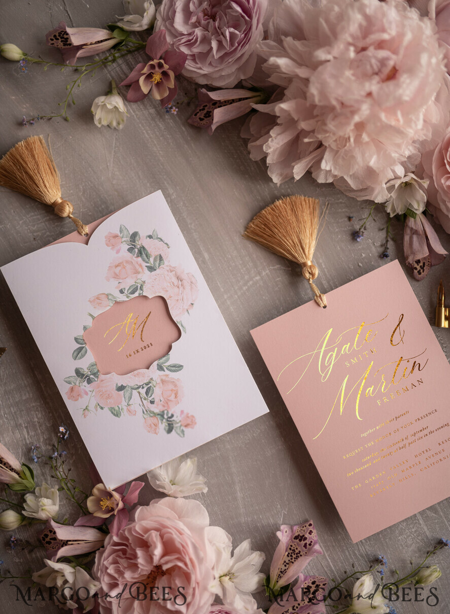 HOCHZEITS EINLADUNGEN Gold / Roségold / Silber / Glitzer Glamour Golden Shine Hochzeitseinladungsset, romantische blassrosa Hochzeitseinladungen, luxuriöse arabische Hochzeitskarten mit goldenen Quasten, elegante florale Hochzeitseinladungen.