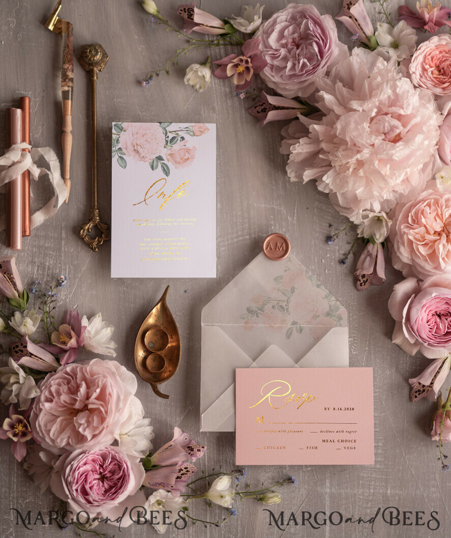 HOCHZEITS EINLADUNGEN Gold / Roségold / Silber / Glitzer Glamour Golden Shine Hochzeitseinladungsset, romantische blassrosa Hochzeitseinladungen, luxuriöse arabische Hochzeitskarten mit goldenen Quasten, elegante florale Hochzeitseinladungen.