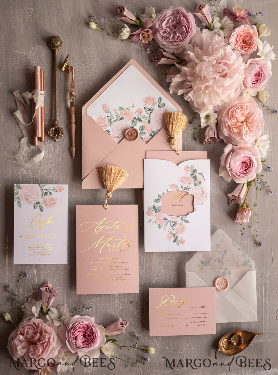 HOCHZEITS EINLADUNGEN Gold / Roségold / Silber / Glitzer Glamour Golden Shine Hochzeitseinladungsset, romantische blassrosa Hochzeitseinladungen, luxuriöse arabische Hochzeitskarten mit goldenen Quasten, elegante florale Hochzeitseinladungen.